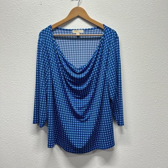 Michael Kors Blue Draped Front White Geometric 3/4 Sleeve Top Size 2X - Picture 1 of 13